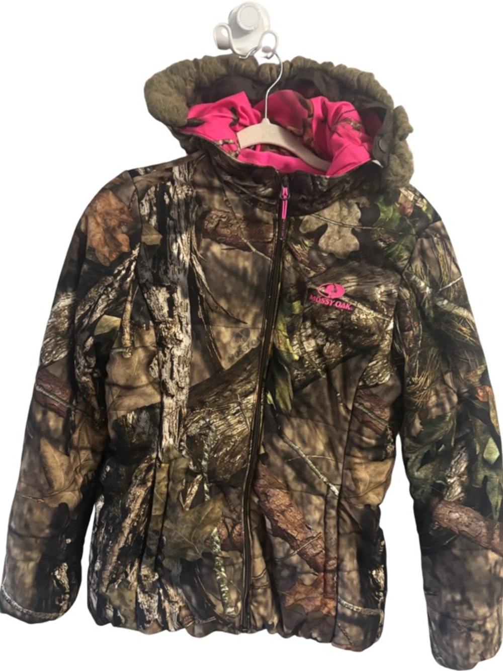 Mossy Oak Women’s Camo Insulated Jacket Zip-Off Faux-Fur Hood, Pink Lining Small